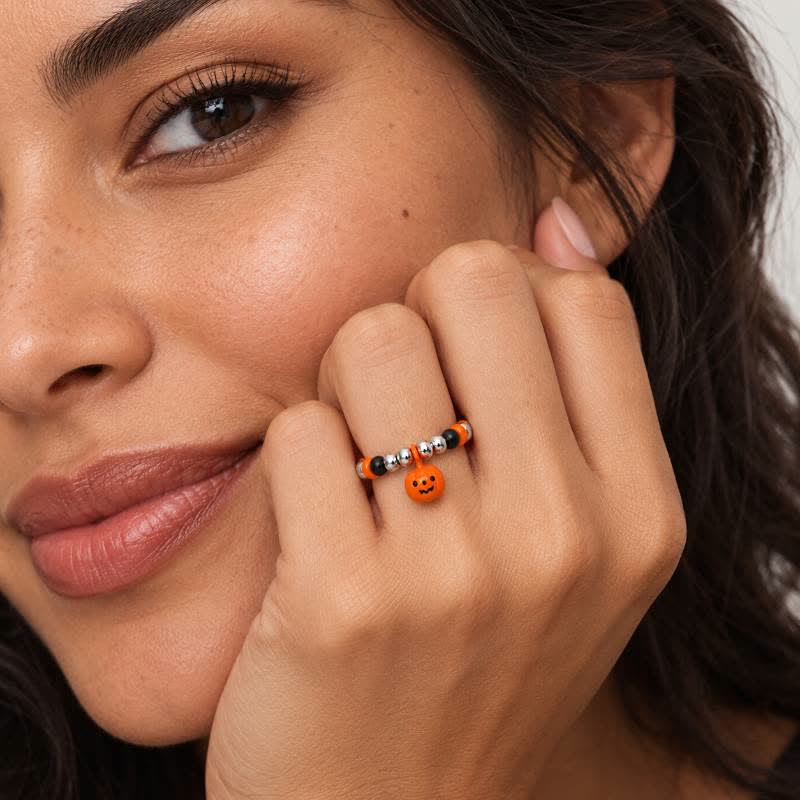 TaleClasp Halloween Pumpkin Charm Beaded Stretch Ring - image 1