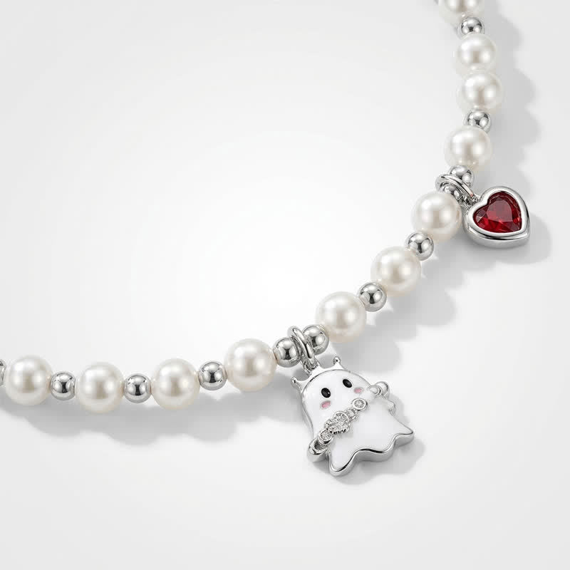 TaleClasp Pearl Beaded Ghost and Red Heart Charm Choker Necklace - image 3