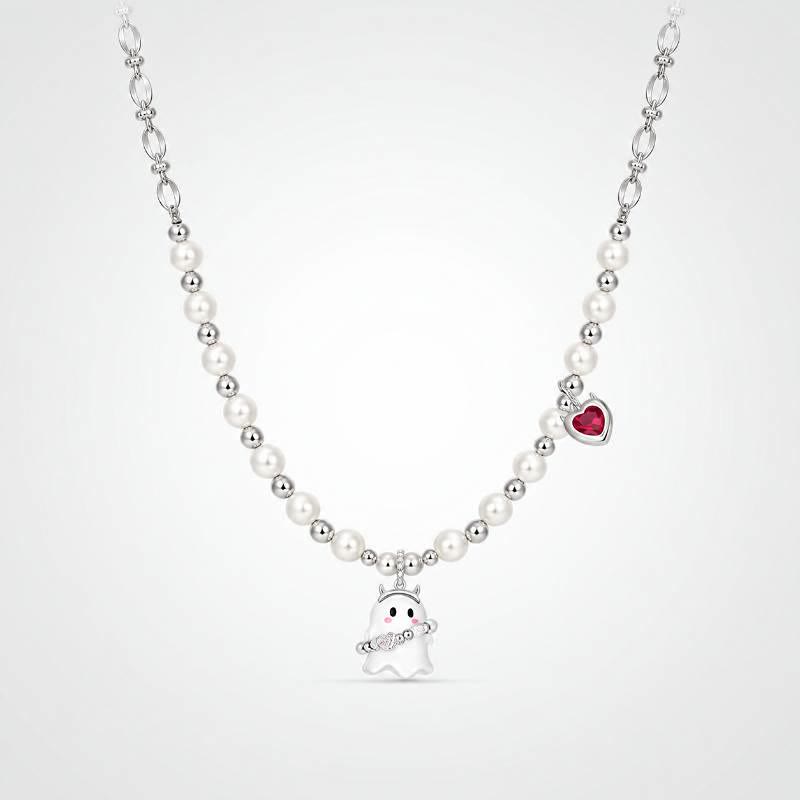 TaleClasp Pearl Beaded Ghost and Red Heart Charm Choker Necklace - Silver - image 0