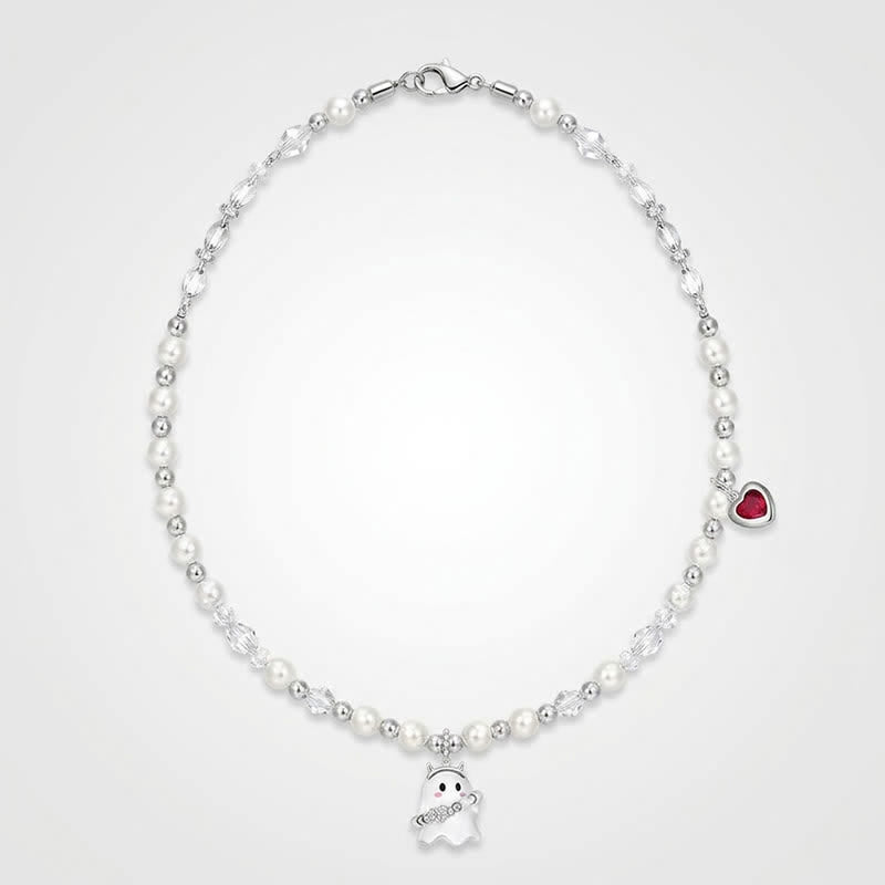 TaleClasp Pearl Beaded Ghost and Red Heart Charm Choker Necklace - image 4