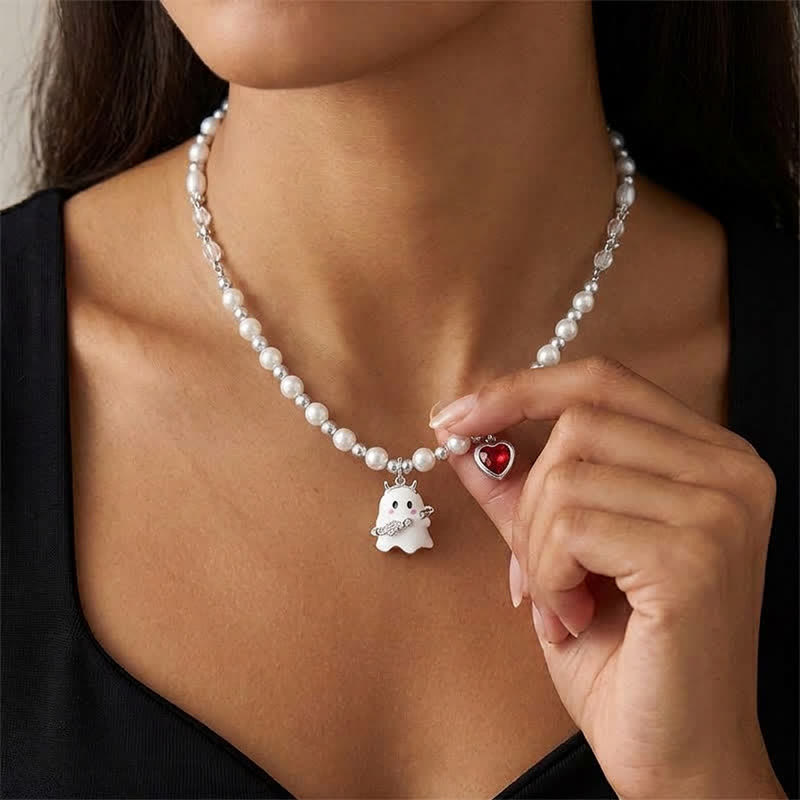 TaleClasp Pearl Beaded Ghost and Red Heart Charm Choker Necklace - image 1