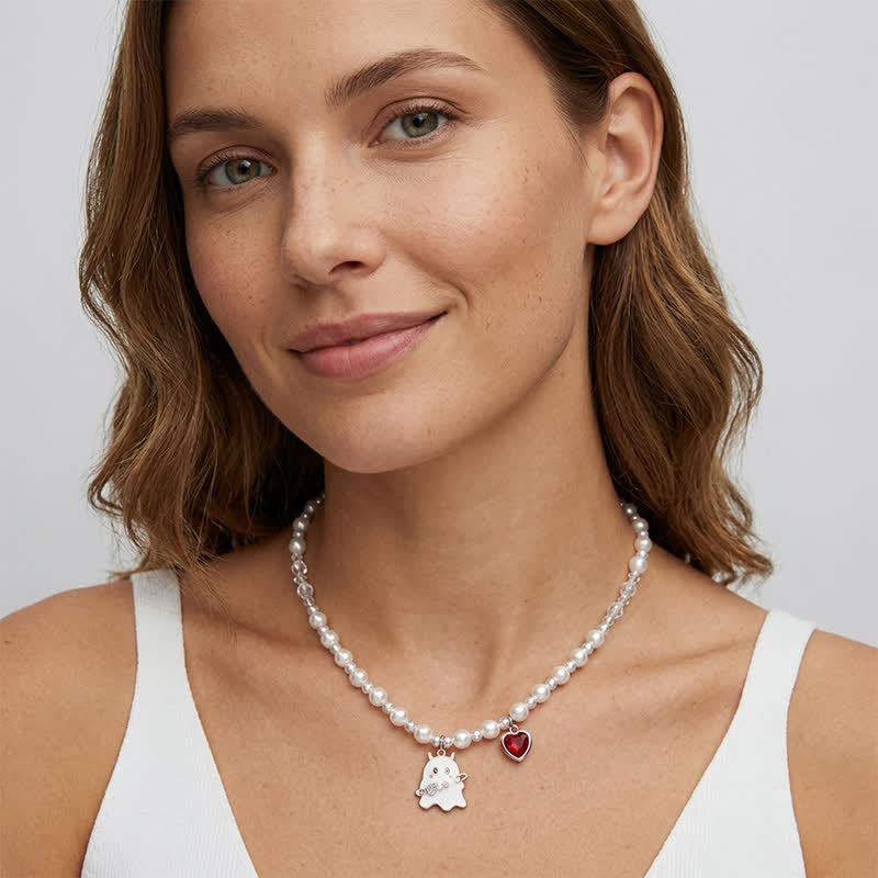 TaleClasp Pearl Beaded Ghost and Red Heart Charm Choker Necklace - image 2