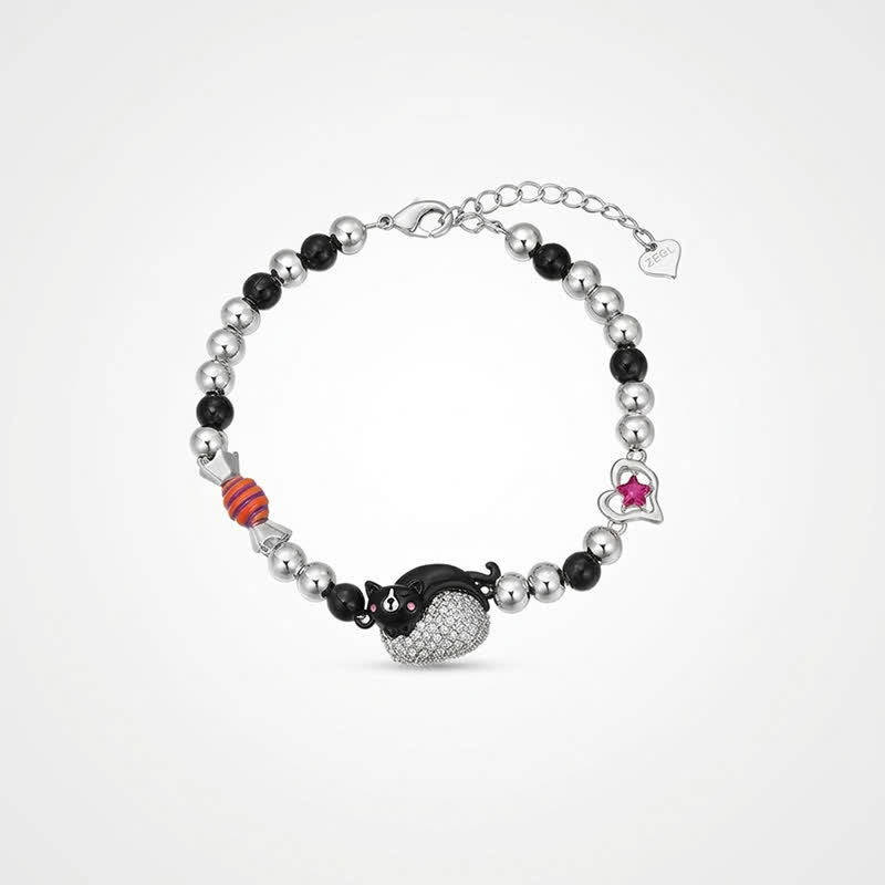 TaleClasp Black Cat Crystal Heart Charm Beaded Bracelet - Silver - image 0