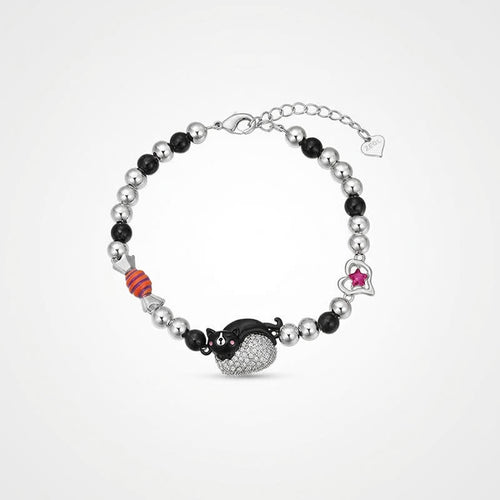 TaleClasp Black Cat Crystal Heart Charm Beaded Bracelet - Silver - image 0