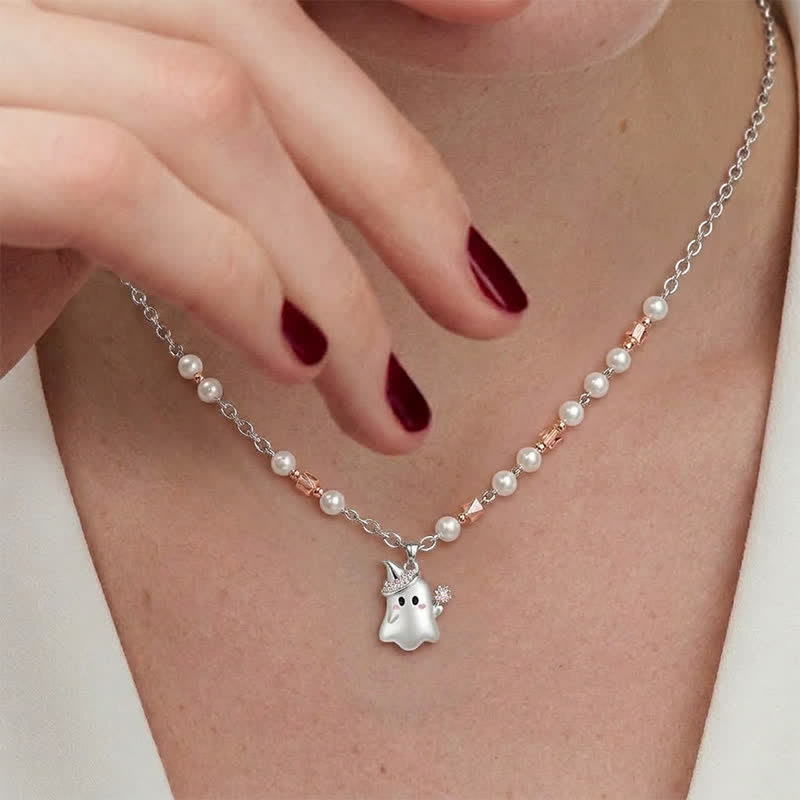 TaleClasp Pearl Ghost Charm Heart Crystal Collar Necklace - image 1