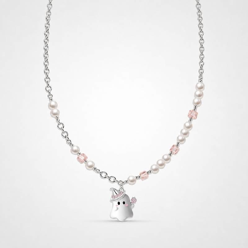 TaleClasp Pearl Ghost Charm Heart Crystal Collar Necklace - White - image 0