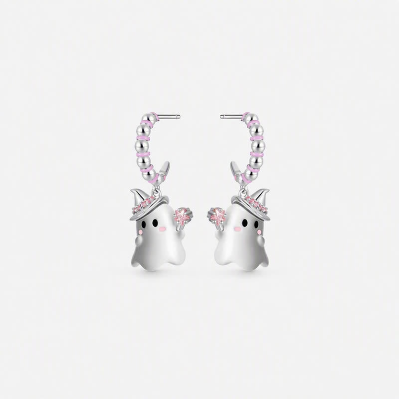TaleClasp Pink Crystal Ghost Charm Hoop Earrings - Silver - image 0