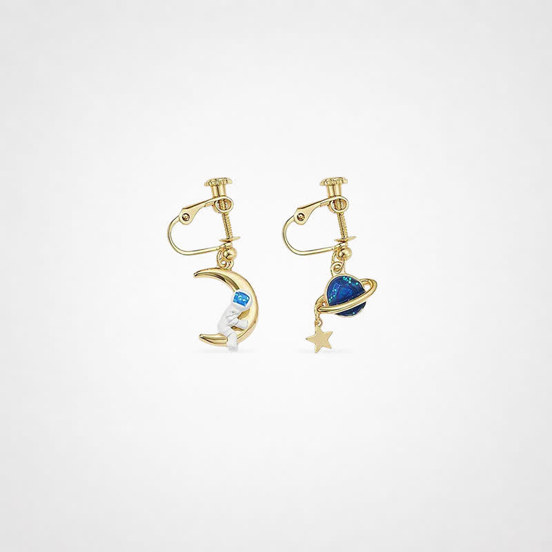 TaleClasp Celestial Moon Planet Asymmetrical Clip-On Earrings - Golden - image 0