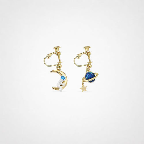 TaleClasp Celestial Moon Planet Asymmetrical Clip-On Earrings - Golden - image 0