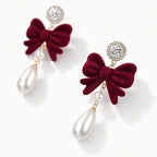 TaleClasp Vintage Burgundy Velvet Bow Pearl Drop Earrings - image 3