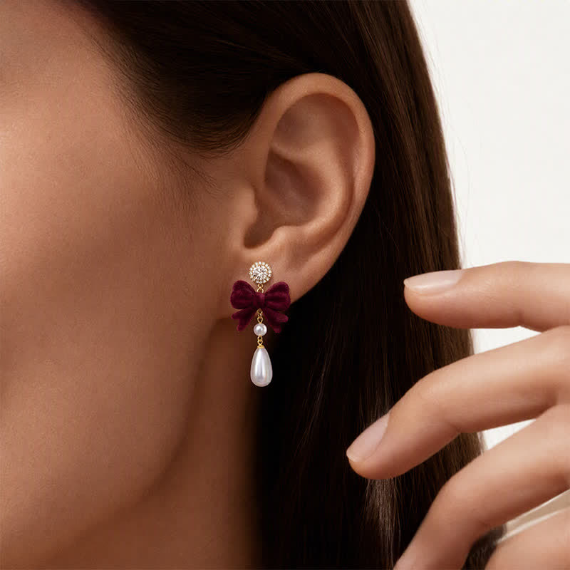 TaleClasp Vintage Burgundy Velvet Bow Pearl Drop Earrings - image 1