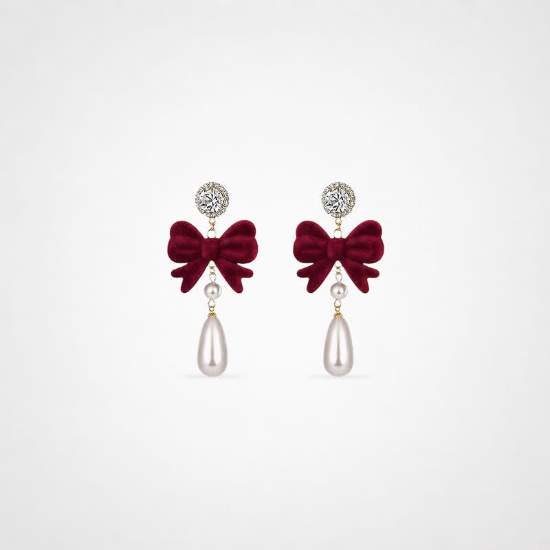 TaleClasp Vintage Burgundy Velvet Bow Pearl Drop Earrings - Wine - image 0