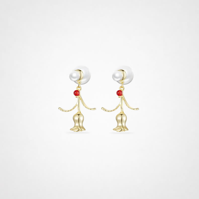 TaleClasp Pearl Stud Golden Bell Flower Drop Earrings - Golden - image 0