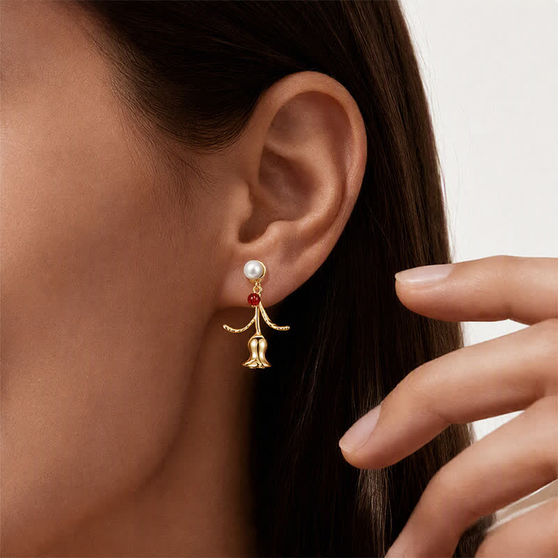 TaleClasp Pearl Stud Golden Bell Flower Drop Earrings - image 1