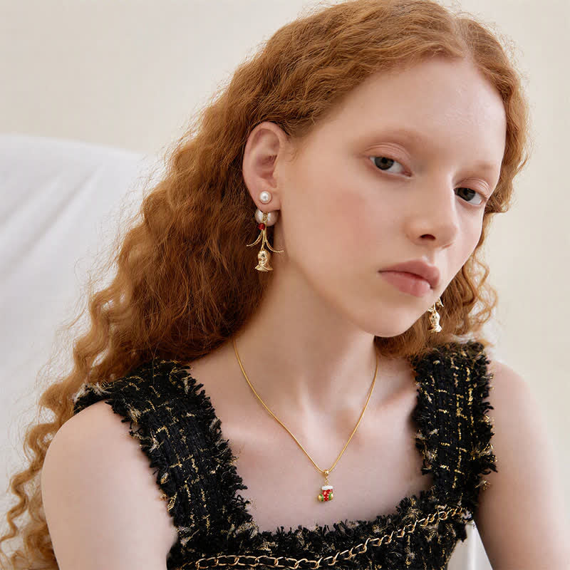 TaleClasp Pearl Stud Golden Bell Flower Drop Earrings - image 2