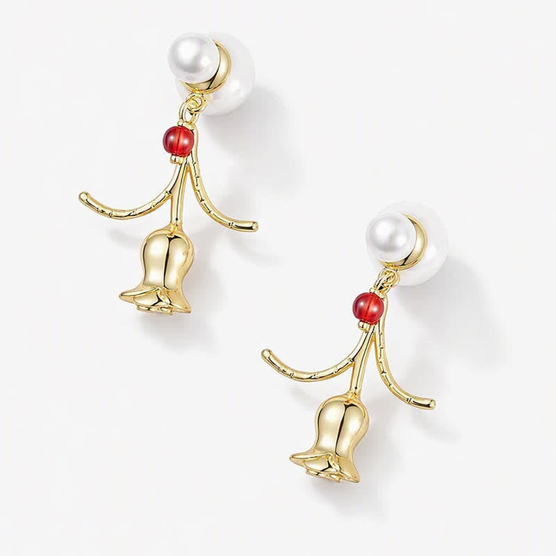 TaleClasp Pearl Stud Golden Bell Flower Drop Earrings - image 3