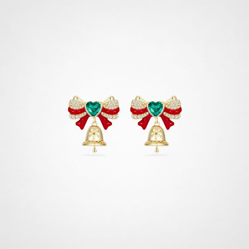 TaleClasp Festive Bow Bell Heart Crystal Drop Earrings - Golden - image 0