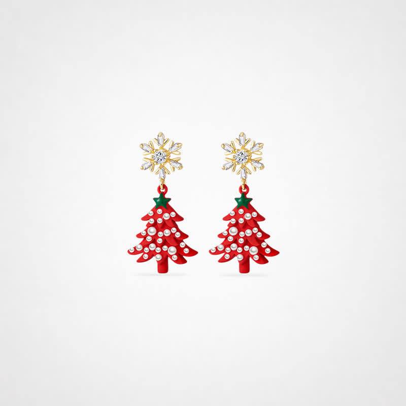 TaleClasp Snowflake Christmas Tree Drop Earrings - Red - image 0