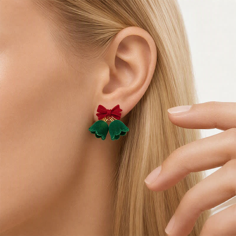 TaleClasp Festive Red Bow Green Bell Drop Earrings - image 1