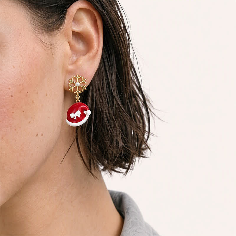 TaleClasp Pearl Snowflake Santa Hat Stocking Drop Earrings - image 2