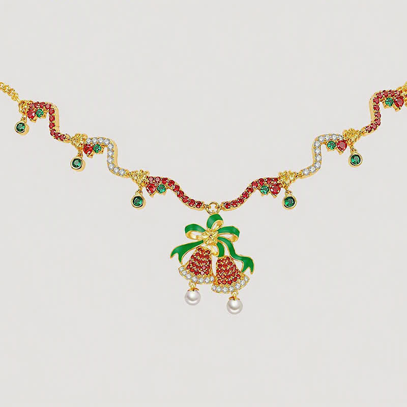 TaleClasp Festive Bow Bell Crystal Pearl Pendant Necklace - image 3