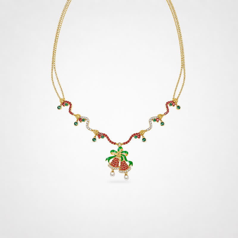 TaleClasp Festive Bow Bell Crystal Pearl Pendant Necklace - Golden - image 0