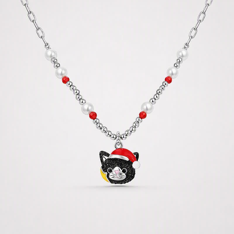 TaleClasp Festive Black Cat Pearl Beaded Pendant Necklace - Black - image 0