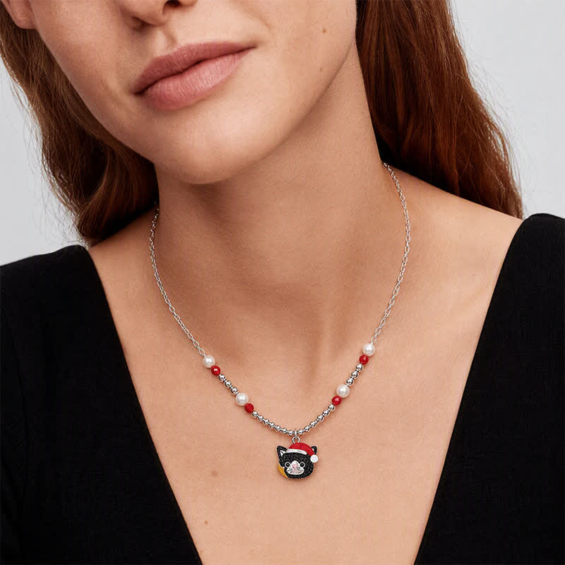 TaleClasp Festive Black Cat Pearl Beaded Pendant Necklace - image 1