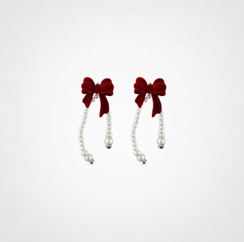 TaleClasp Vintage Velvet Bow Pearl Drape Earrings - Red - image 0