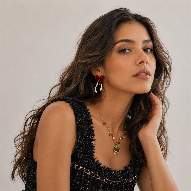 TaleClasp Vintage Velvet Bow Pearl Drape Earrings - image 2