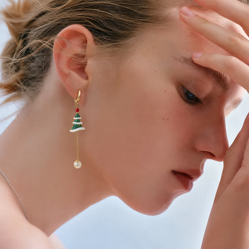 TaleClasp Snowy Christmas Tree Pearl Drop Hoop Earrings - image 1
