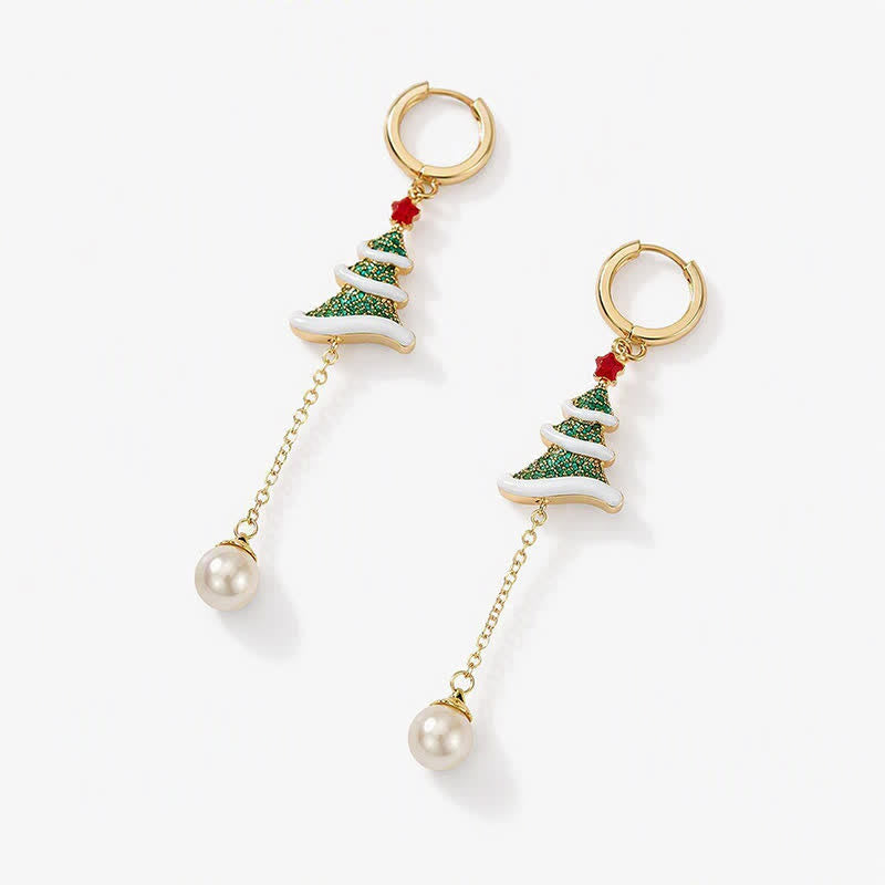 TaleClasp Snowy Christmas Tree Pearl Drop Hoop Earrings - image 3