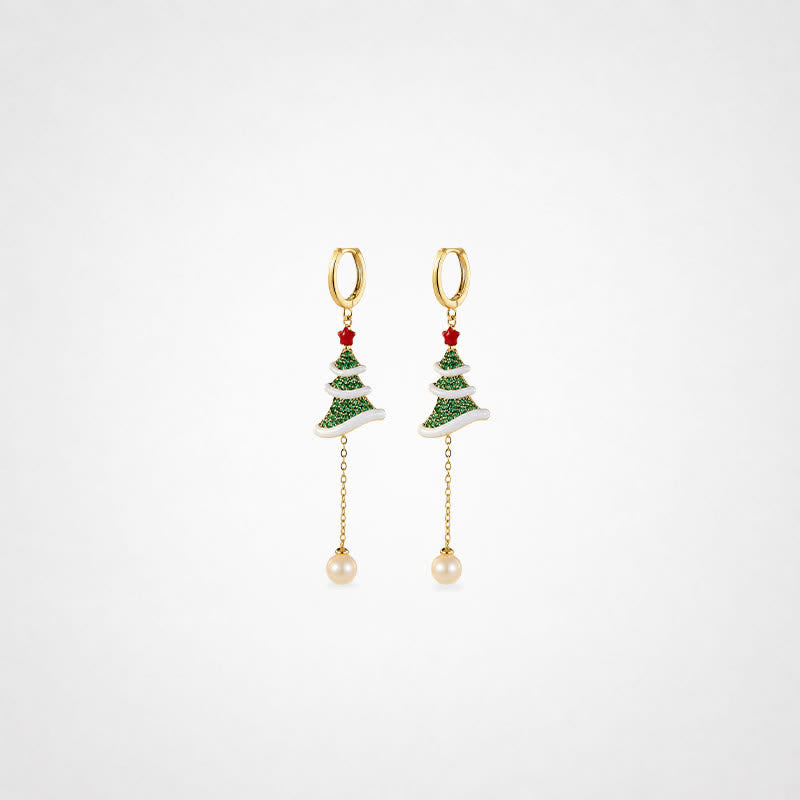 TaleClasp Snowy Christmas Tree Pearl Drop Hoop Earrings - Green - image 0