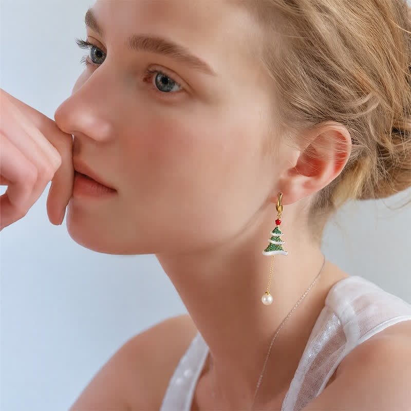 TaleClasp Snowy Christmas Tree Pearl Drop Hoop Earrings - image 2